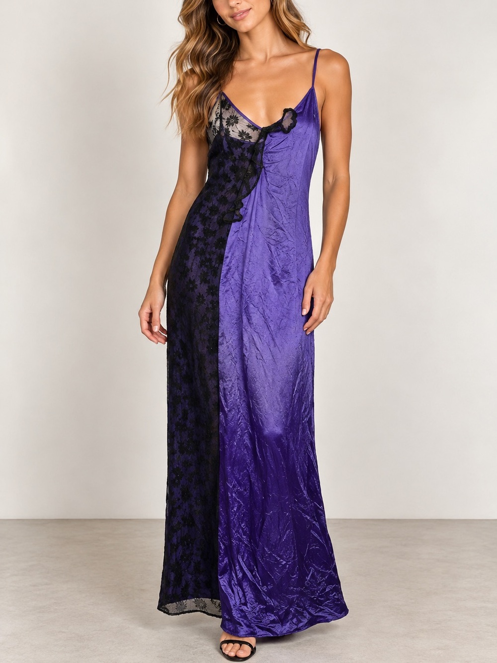 Vintage‎ Purple & Black Long Nylon Negligee